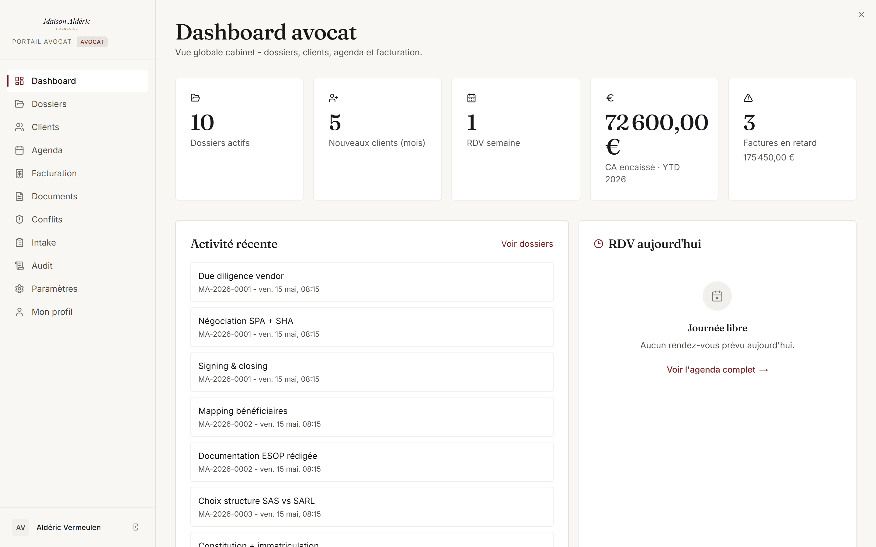 LawyerOS lawyer dashboard — case management