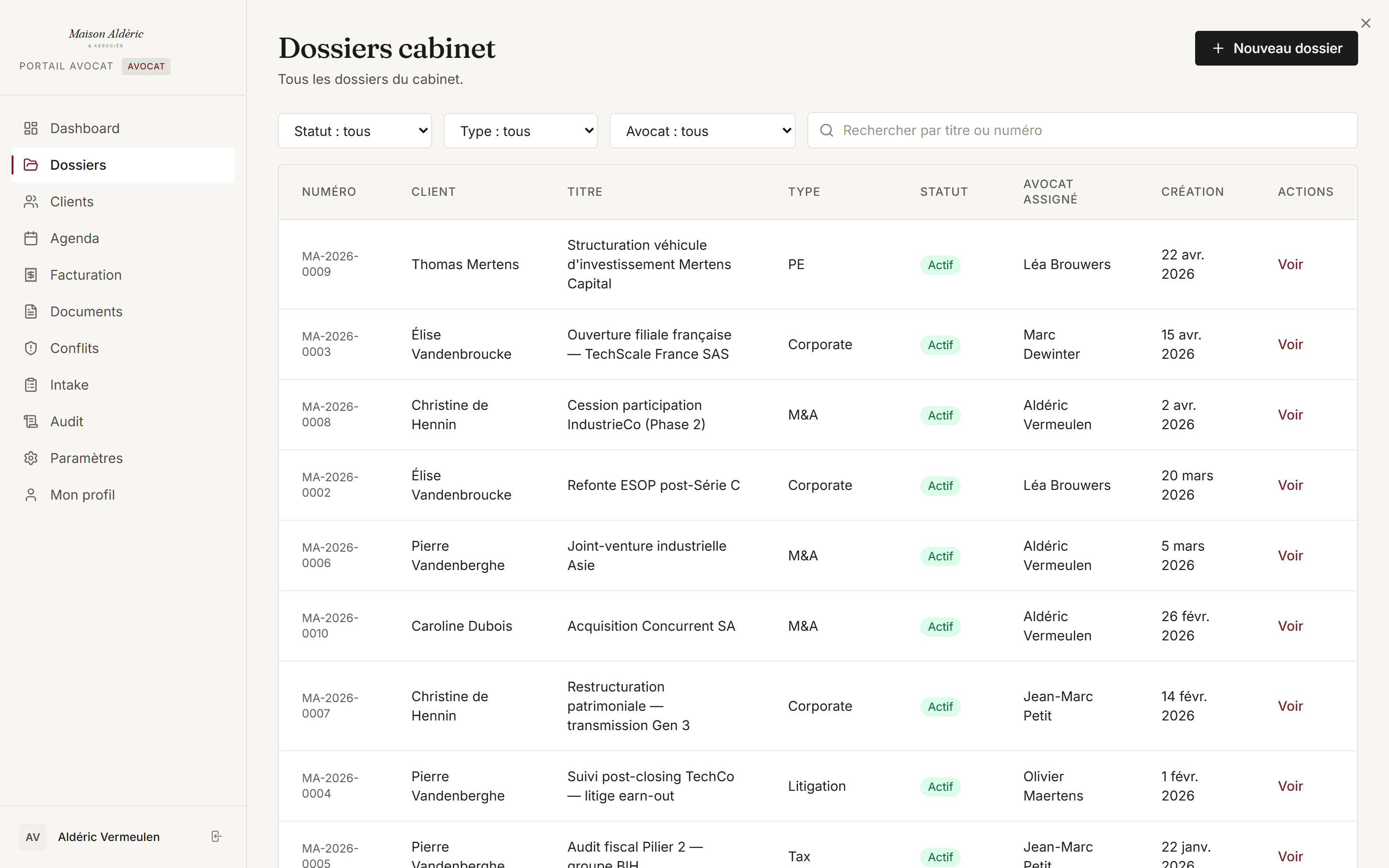 Portail avocat — liste des dossiers
