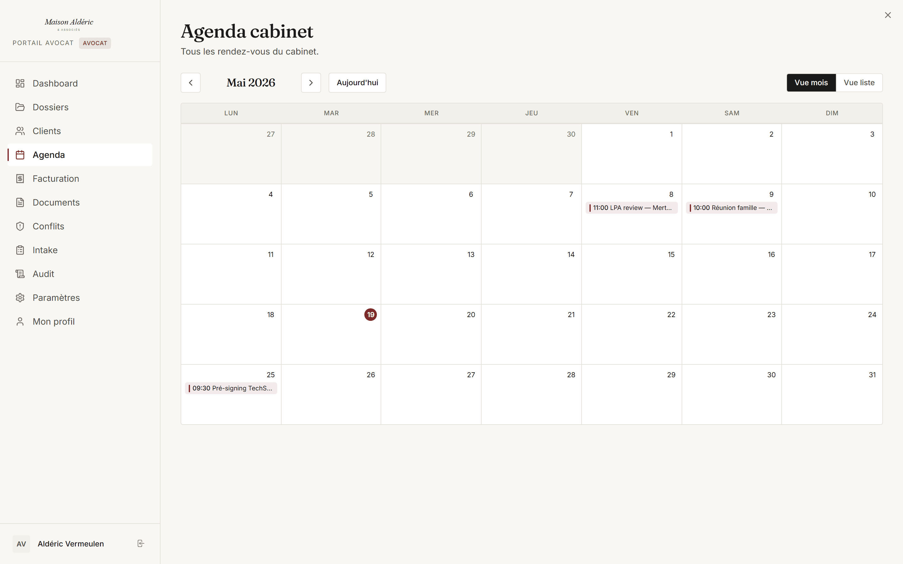 Lawyer portal — calendar