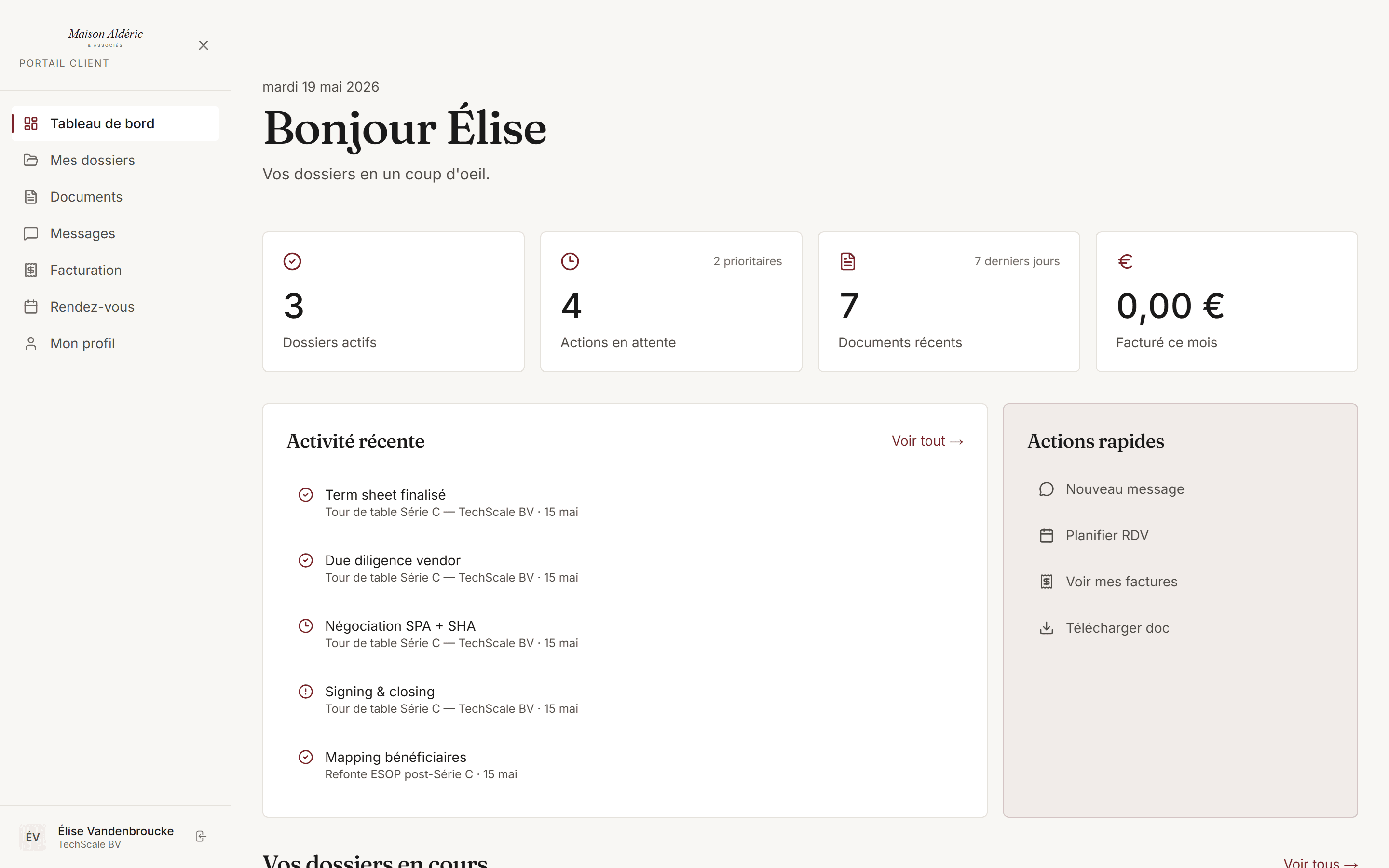 Portail client — tableau de bord