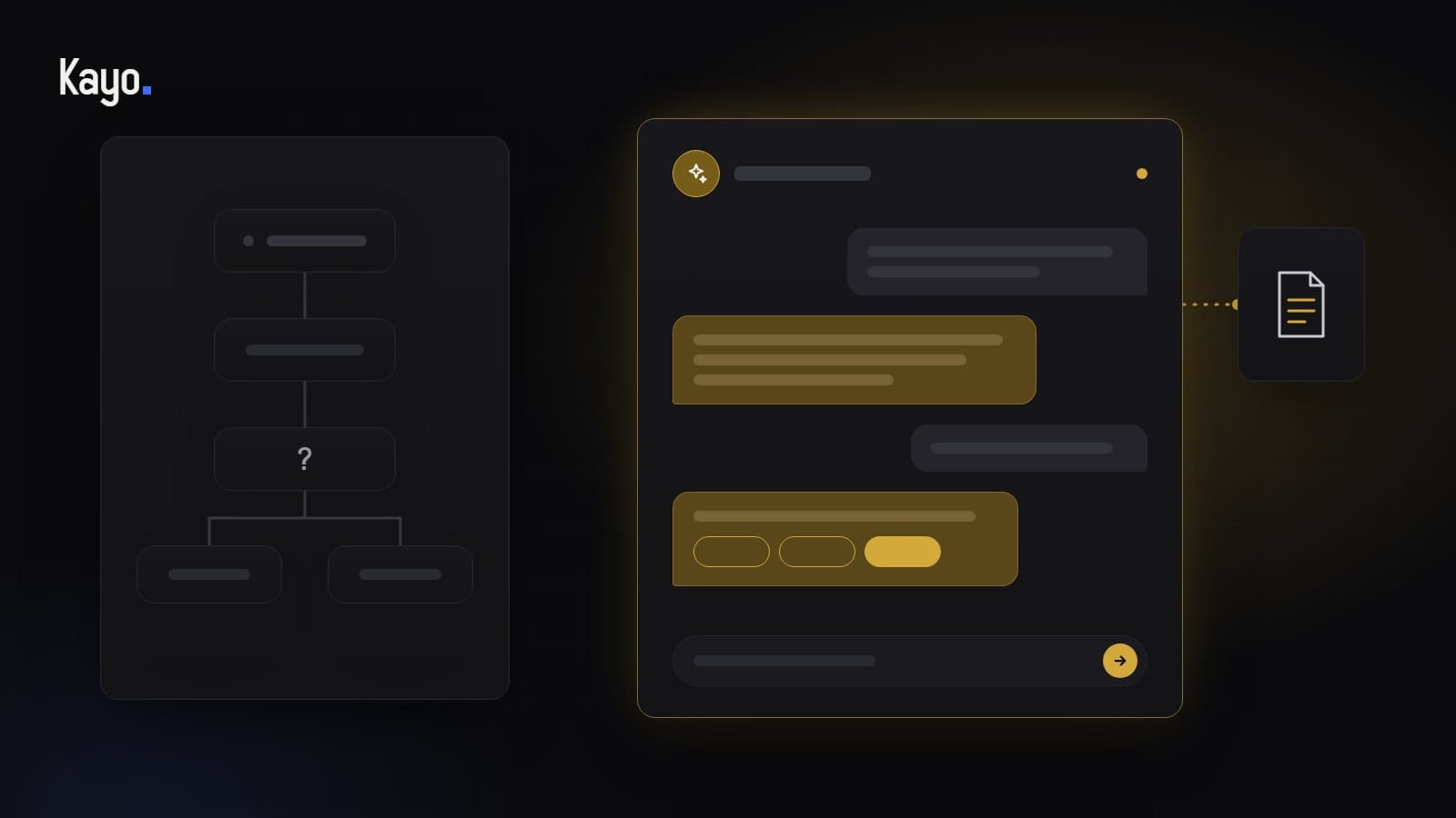À gauche, un chatbot classique avec un arbre de questions figé ; à droite, une conversation libre avec un assistant IA relié à un document de l’entreprise