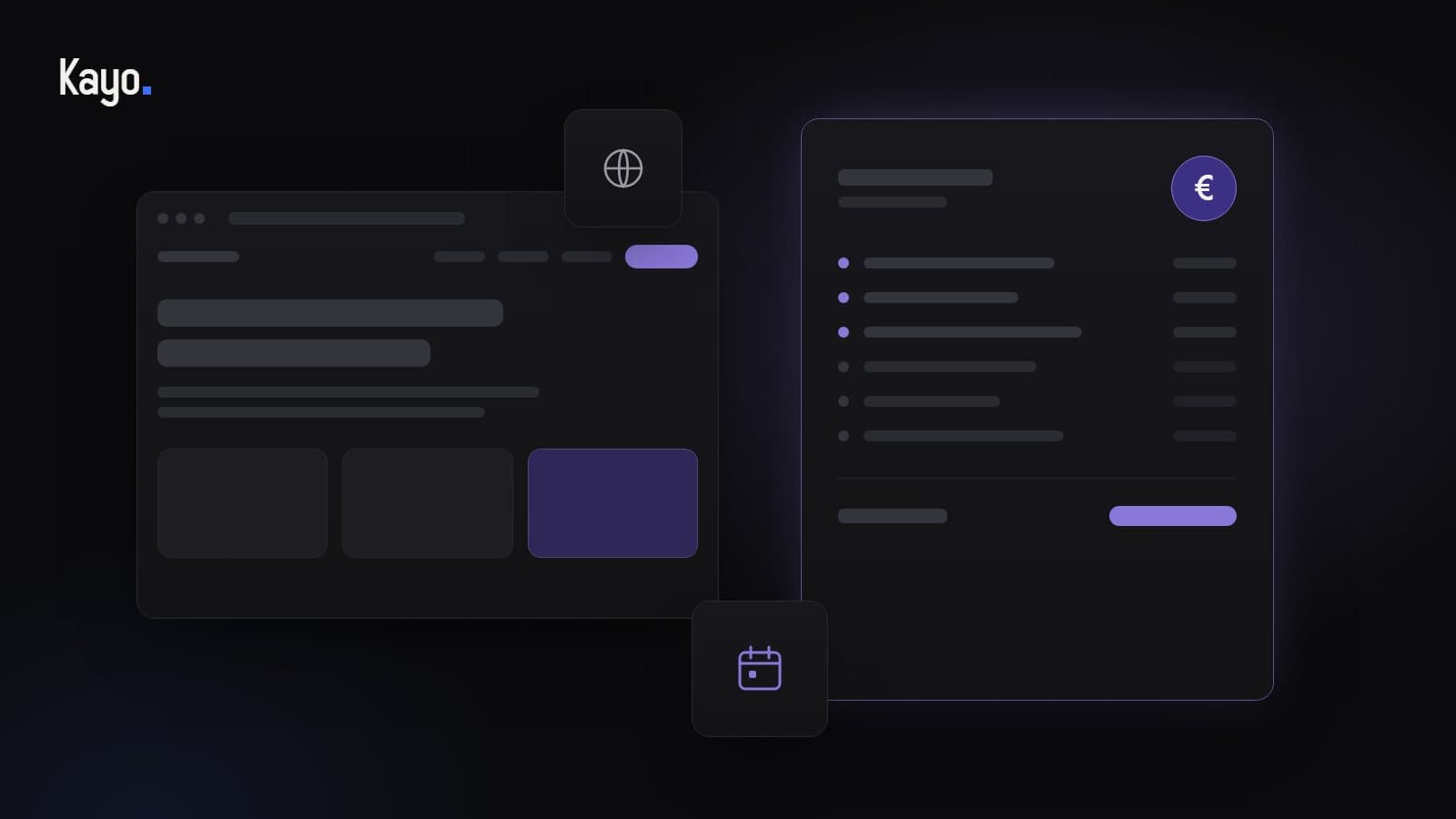 Illustration : un écran de site web, un devis découpé en lignes avec le symbole euro, et deux options représentées par un globe et un calendrier