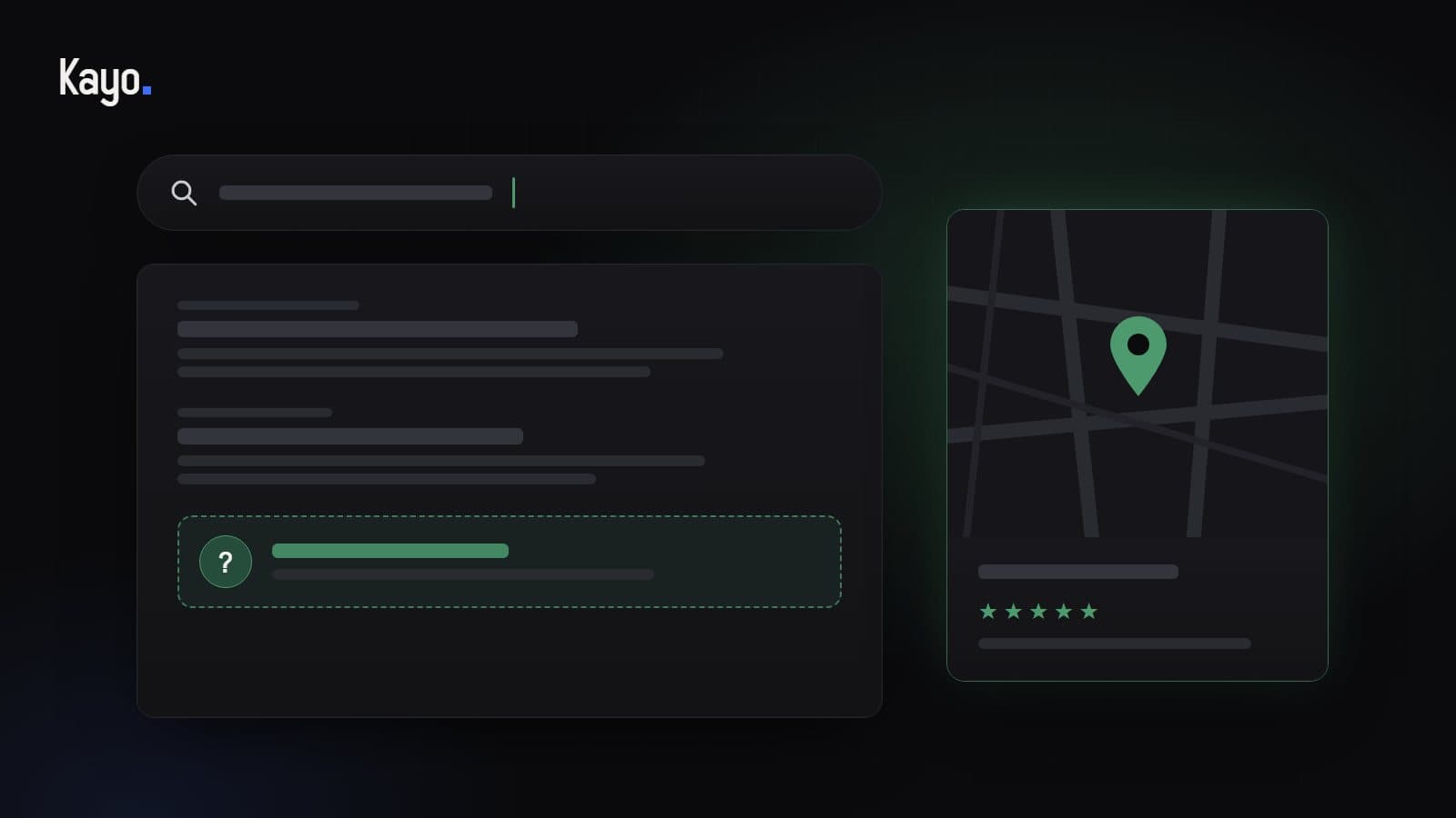 Illustration : une barre de recherche, une liste de résultats où une ligne vide est marquée d’un point d’interrogation, et une carte avec un repère et des étoiles d’avis