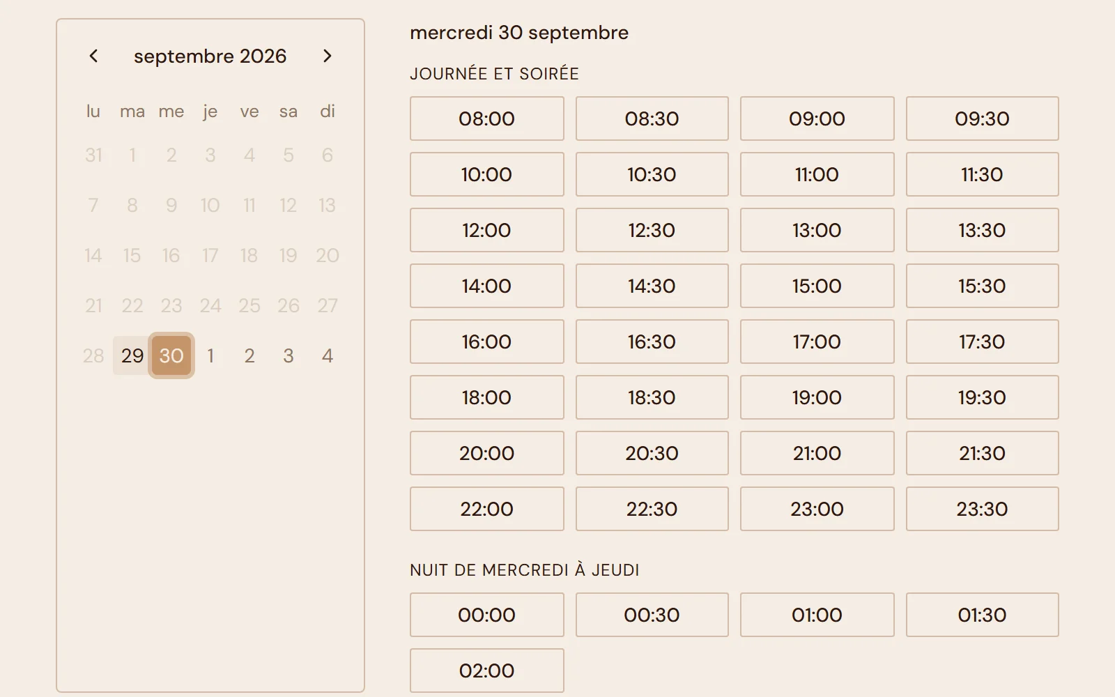 Calendrier de réservation du site Aura Spa : une date choisie et les créneaux disponibles